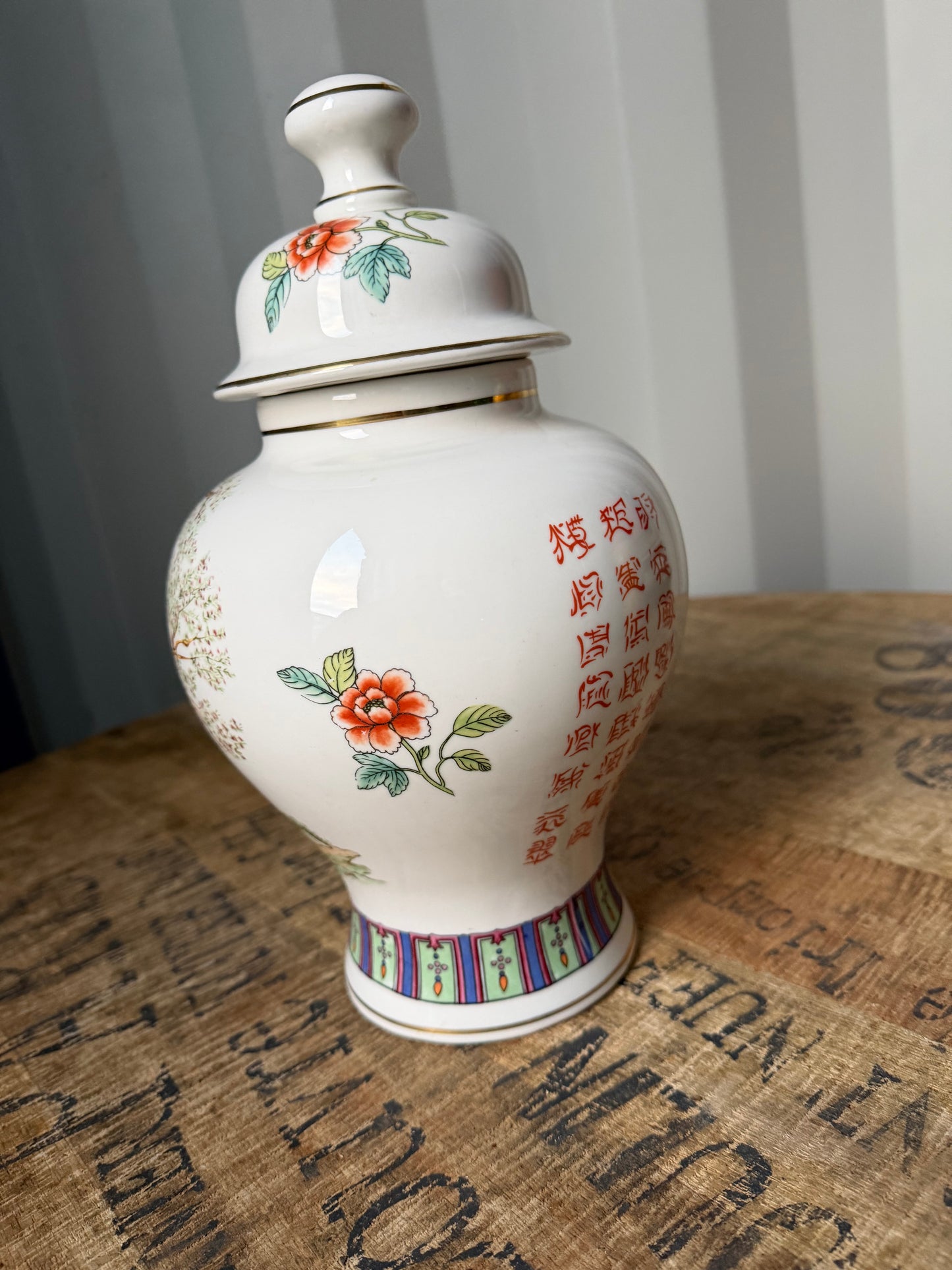 Vintage Chinese Porcelain Ginger Jar with Lid – Hand Painted Floral & Calligraphy
