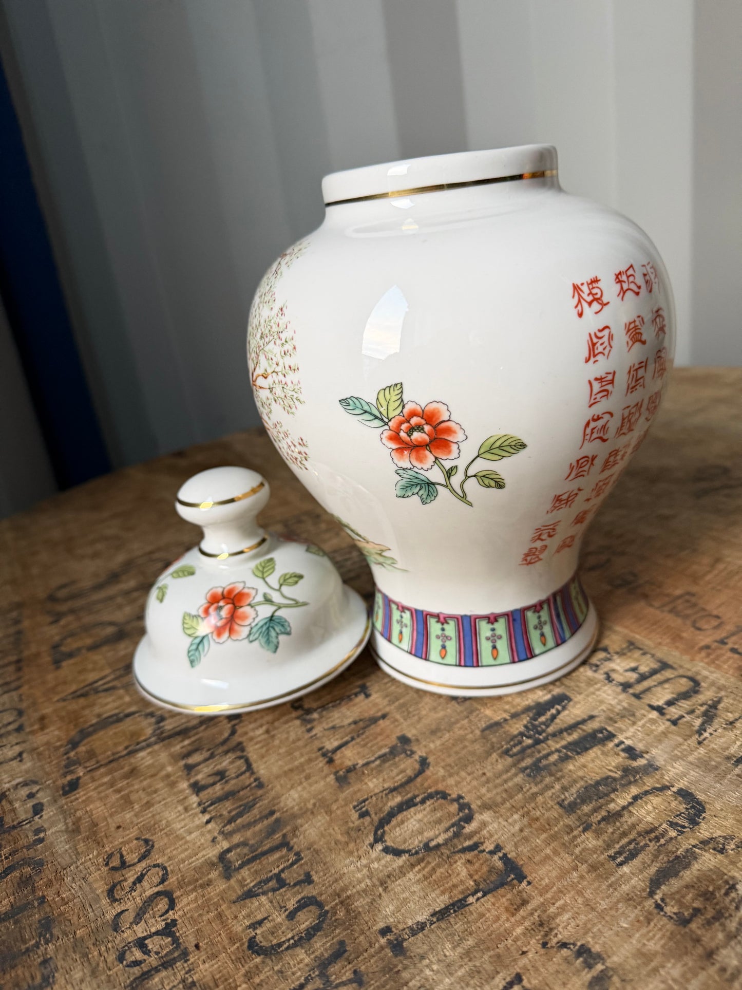 Vintage Chinese Porcelain Ginger Jar with Lid – Hand Painted Floral & Calligraphy
