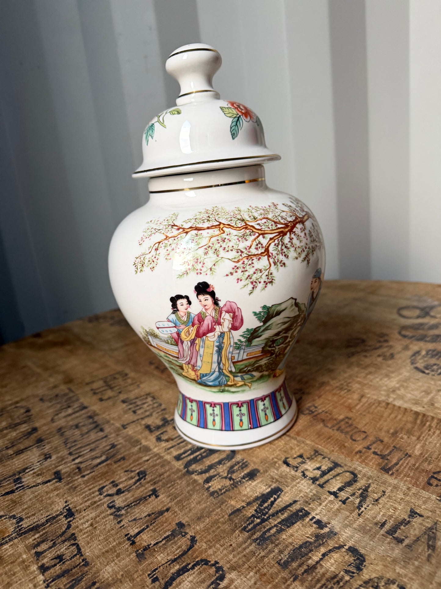 Vintage Chinese Porcelain Ginger Jar with Lid – Hand Painted Floral & Calligraphy