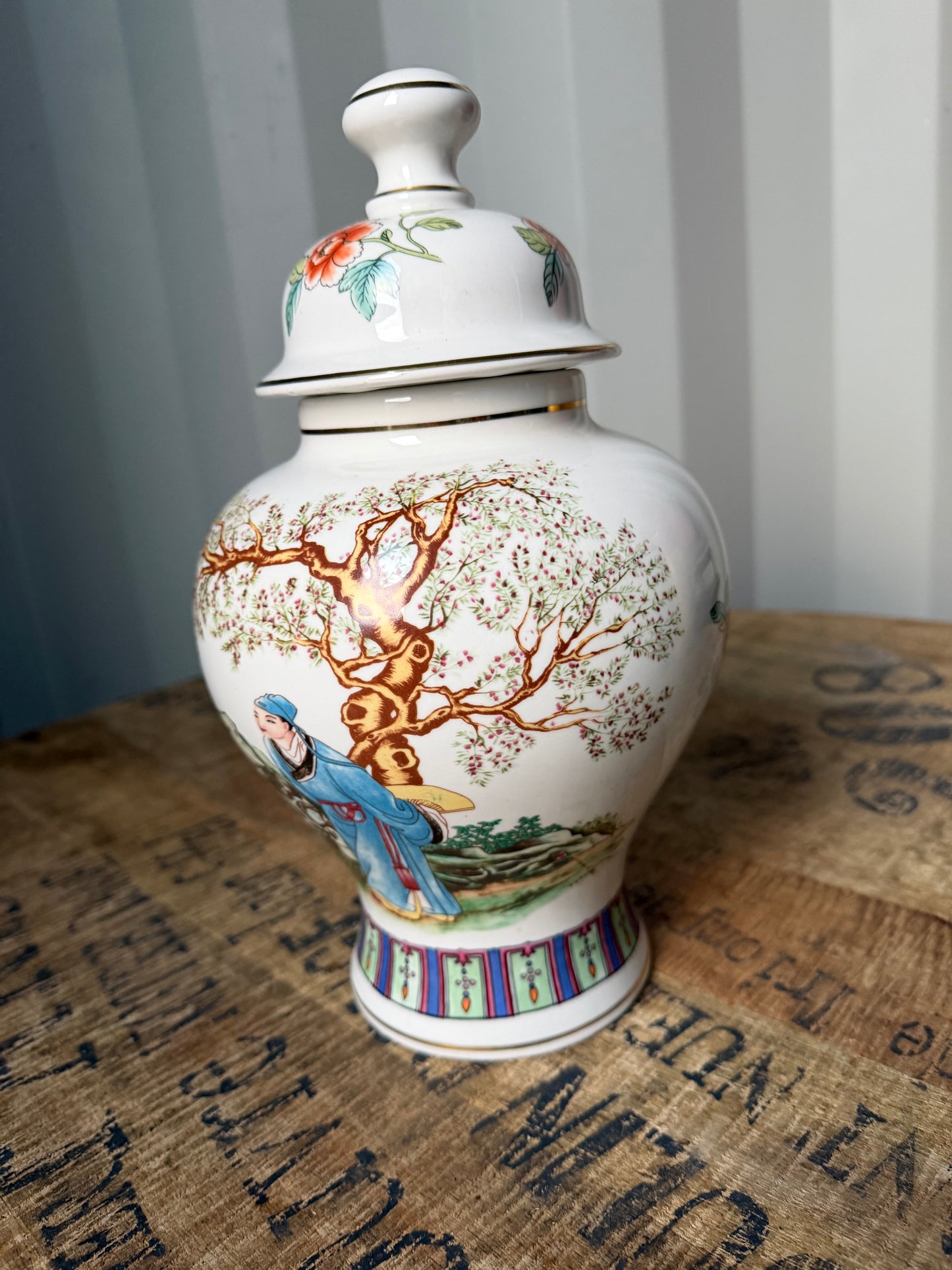 Vintage Chinese Porcelain Ginger Jar with Lid – Hand Painted Floral & Calligraphy