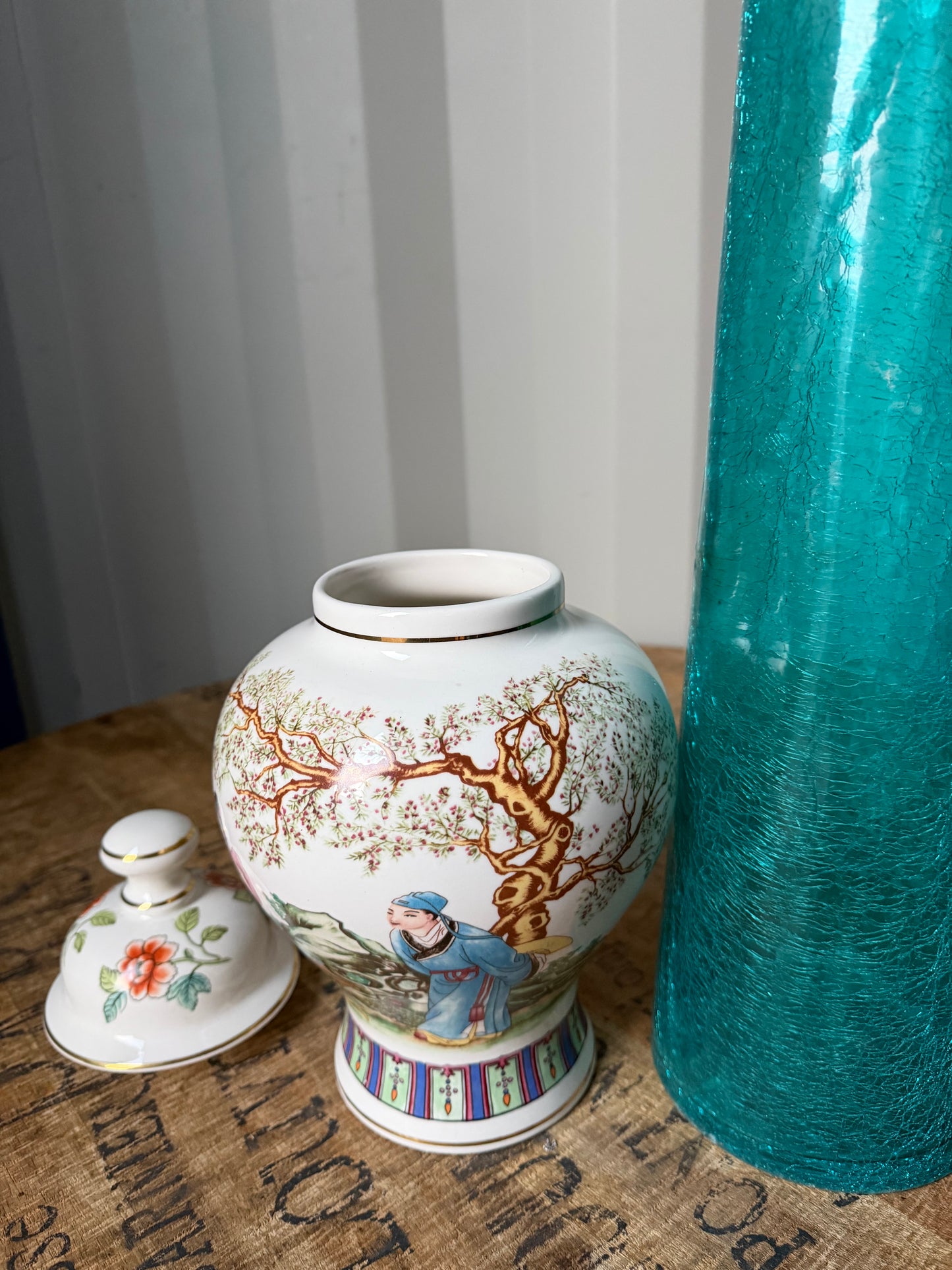 Vintage Chinese Porcelain Ginger Jar with Lid – Hand Painted Floral & Calligraphy